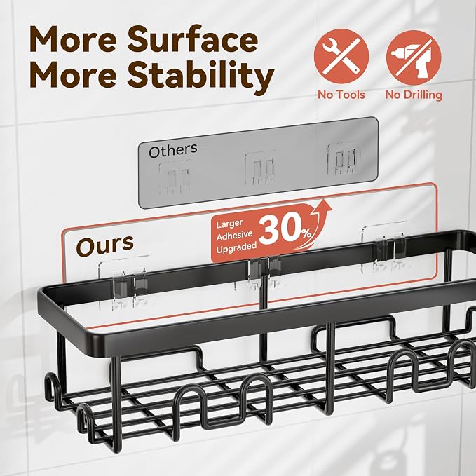 Shower Caddy Adhesive, Rustproof Shower Organizer, Wall Shower Rack | Large Capacity Shower Shelves for Inside Shower, Shampoo Shower Holder, Black, 3 Caddies, 1 Soap Dish, 1 Toothbrush Holder - Image 6