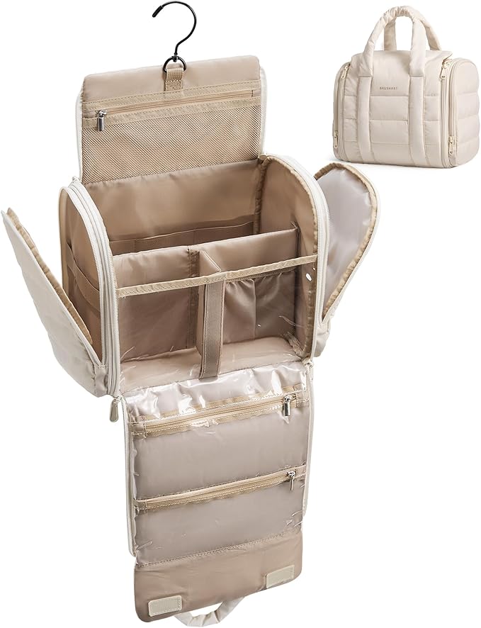 BAGSMART Makeup Bag Toiletry Bag, Cosmetic Bag for Travel,Medium, Beige | Travel Accessories Removable Partition, Puffy Water-resistant Fabric, Hanging Makeup Bag For Full Sized Toiletries by BAGSMART