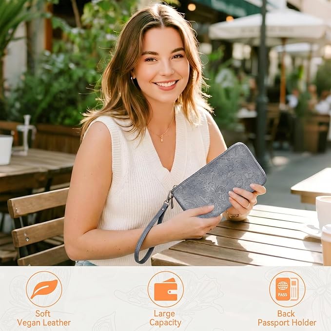 BELTANA Wallet Women RFID Blocking Large Capacity Wristlet Wallets for Women Butterfly Embossed Vegan Leather Clutch Purses with Card & Passport Holder (Blue-Butterfly) - Image 2