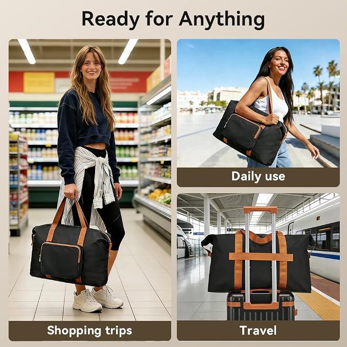 Travel Duffel Bag 60L Large Tote Carry On Foldable, Black-Brown | Carry On Duffel Bag for Women Men, Foldable Bags for Travel, Hospital Bag for Labor and Delivery, Weekender Overnight Bag - Image 6