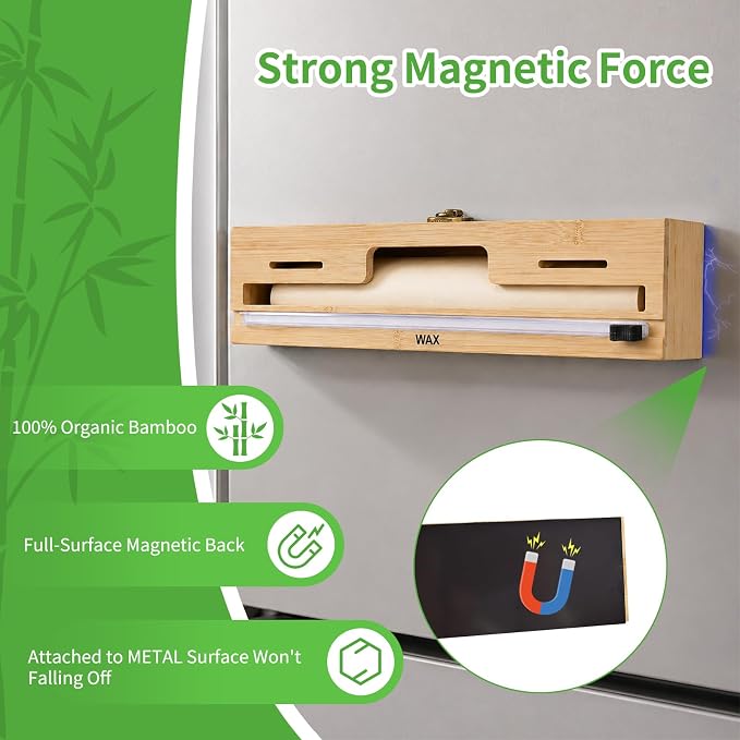 MSJGA Magnetic Plastic Wrap Dispenser with Cutter for Drawer & Refrigerator | Fridge Bamboo Organizer for Tin Foil, Baking Paper, Wax Paper Holder Kitchen Storage Box Compatible,13" x 8.2" x 2.7" - Image 2