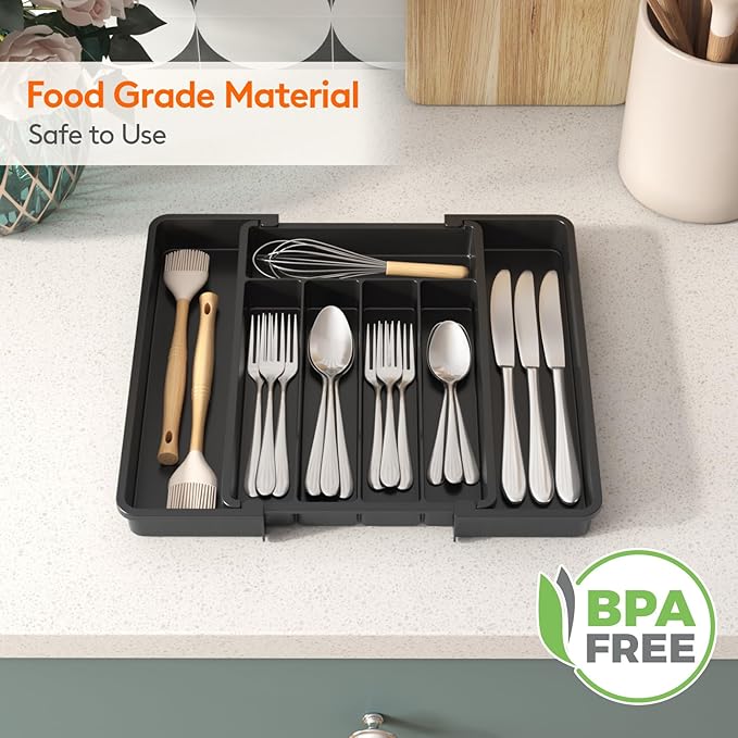 Lifewit Expandable Silverware Drawer Organizer, Kitchen Utensil Tray | BPA-free Plastic Flatware Cutlery Holder, Space-Saving Storage for Spoons Forks Knives, 8-13.8 x 11.2 x 1.4“, Black - Image 6