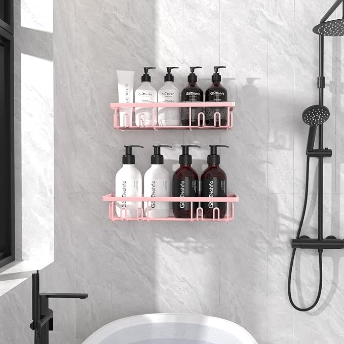 Getsrichfc Shower Caddy Adhesive, Rustproof Shower Shelves for Inside Shower, Large Capacity Bathroom Organizers and Storage, Shower Storage with Removable Hooks, No Drill Bathroom Accessories Pink - Image 8