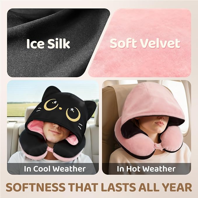 Mewaii Travel Neck Pillow, Airplane Pillow with Hood, Memory Foam, Pink | Neck Support, Reversible, Adjustable Strap, Washable Cover, Cat-Ear Hood, Storage Bag, for Flights, Adults & Teens - Image 5