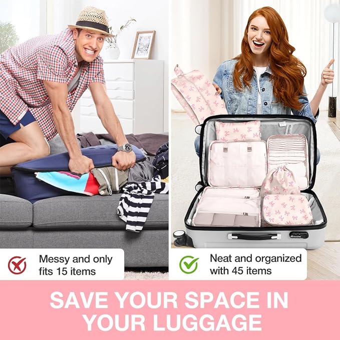 8 Set Packing Cubes for Suitcases,Suitcase Organizer with Shoe,Cosmetics,Clothing, and Accessories Bags for Travel Luggage Organizer Women Men(Pink Bows) - Image 6