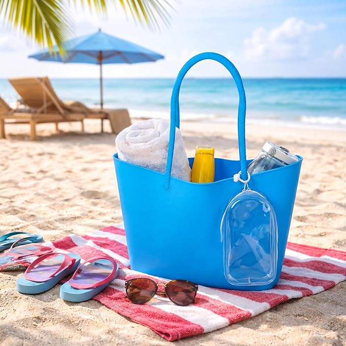 Medium Foldable Beach Tote Bag with Clear Phone Pouch 12.6" x 12"x 4.3" Washable Silicone Beach Bag for Short Trips Cruise Kayaking Picnics Camping Gym Pool Women Gift - Image 6
