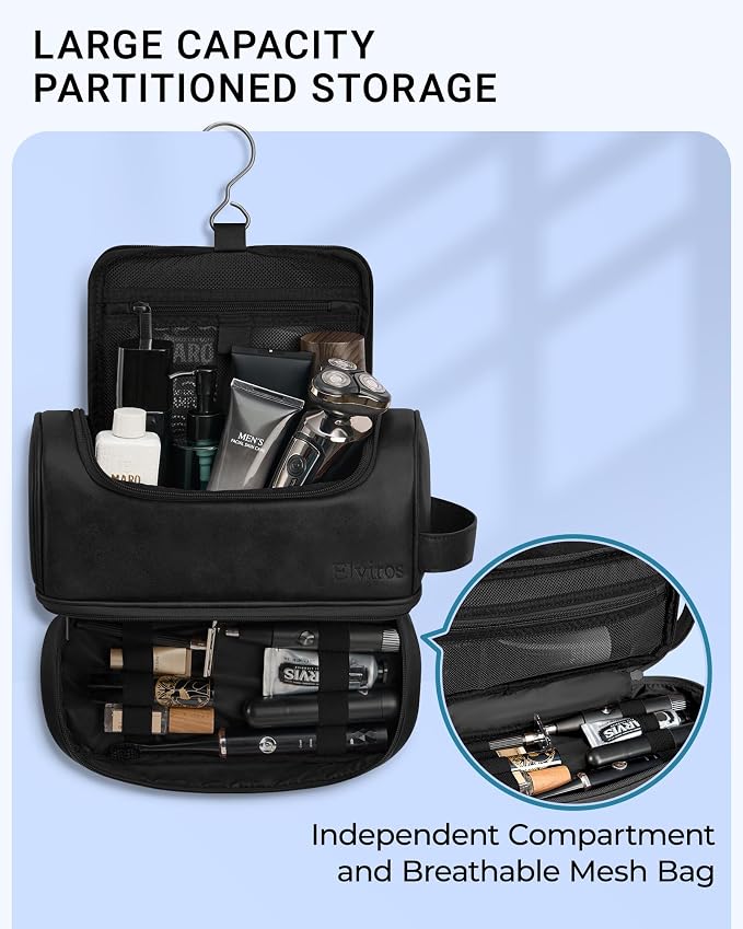 Elviros Hanging Toiletry Bag for Men PU Leather Shaving Kit (Black) | Water-Resistant Travel Organizer with Hanging Hook for Toiletries, Shaving Tools, Grooming Items, and Daily Storage - Image 3