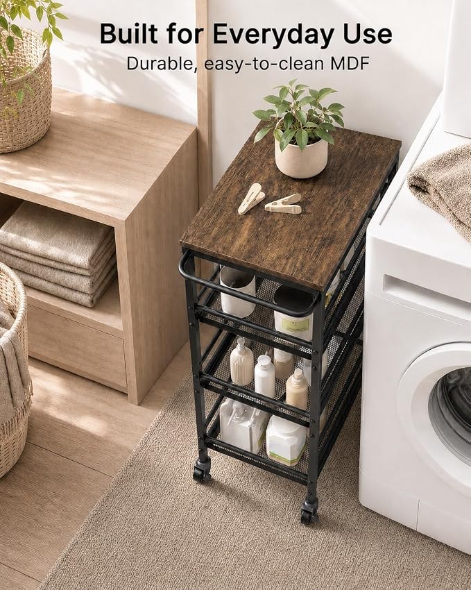 Pipishell Metal 4 Tier Laundry Storage Cart with Wheels, Handle & Wood Top | 10.83" Wide, Larger Storage Spaces, Rust-Resistant Steel, Ventilated Mesh, Anti-Fall Crossbars, 44 lbs Weight Capacity - Image 3