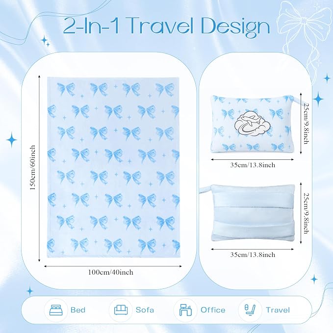 Pink Blue Bow Travel Blanket Airplane and Pillow Compact 2 in 1 Soft Fleece Travel Blanket and Pillow Set with Luggage Sleeve Backpack Clip Compact Airplane Essentials Gifts, 40"x60"(Blue) - Image 2