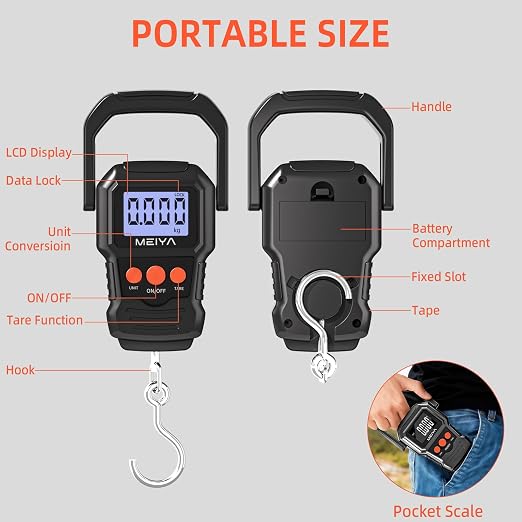 MEIYA Digital Fish Scale with Backlit LCD Display Up to 110lb/50kg for Anglers, Accurate Luggage Scale for Travel, Outdoor, Home Use, Includes 2 AAA Batteries and Hook, Essential Fishing Gear - Image 3