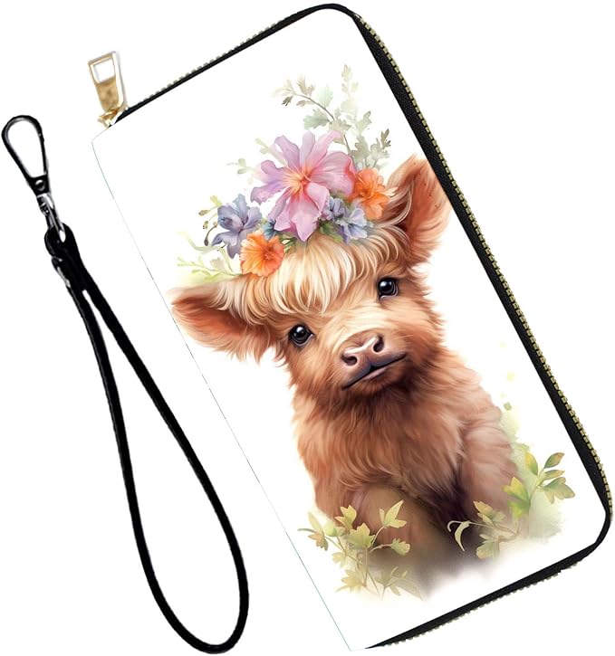 Women's RFID Blocking PU Leather Zip-Around Wallet, Large Capacity Clutch with Phone Holder, Travel Purse & Card Organizer with Removable Wristlet,Cute Highland Cow Baby by Unknown