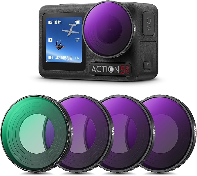K&F CONCEPT ND PL Filter Kit Compatible with DJI Osmo Action 5 Pro/Action 4 | 4Pack CPL ND8 ND16 ND32 Screw On Polarizing Neutral Density Filter, HD Optical Glass/Multi-Coated/Metal Frame FD131 by KFCONCEPT