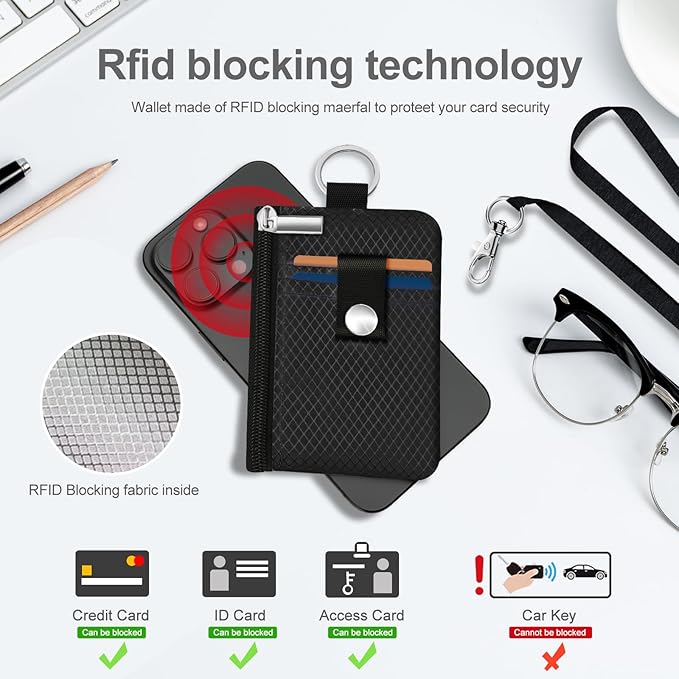 Minimalist RFID Blocking Small Wallet with ID Window,WaterResistant Zip Id Case Wallet with Lanyard Keychain for Cards,Cash,Travel,Women,Men (Black) - Image 4