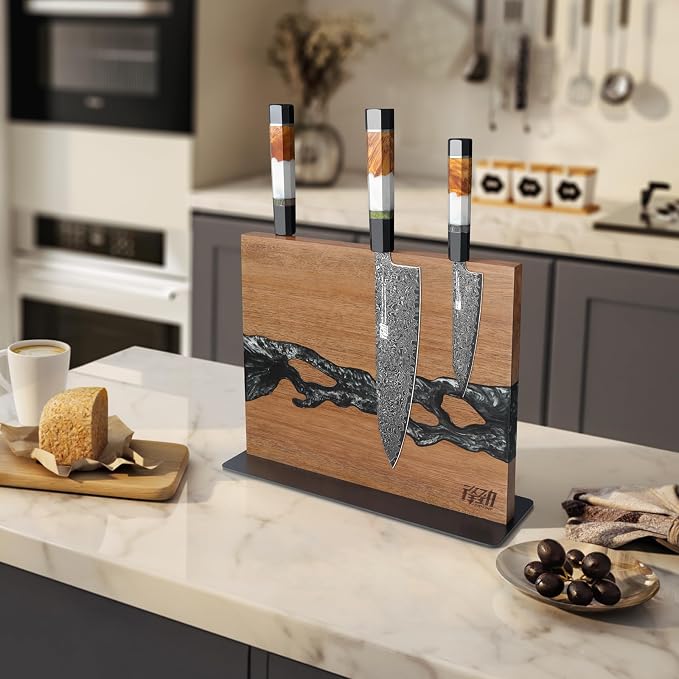 Magnetic Knife Block, Double-Sided Knife Holder with Strong Magnets, Acacia Wood and Black White Resin, Countertop Kitchen Knife Storage Stand (12 × 10 Inches, Without Knives) - Image 2
