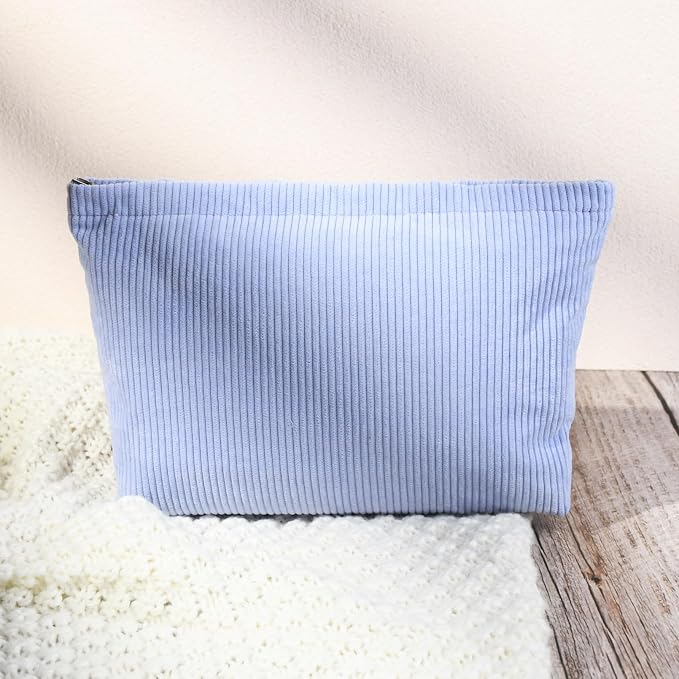 SOIDRAM 2 Pcs Corduroy Makeup Bag Large Cosmetic Bag Toiletry Bag Makeup Pouch Travel Bag Organizer Cute Makeup Brushes Aesthetic Accessories Storage Bag for Women Blue - Image 6