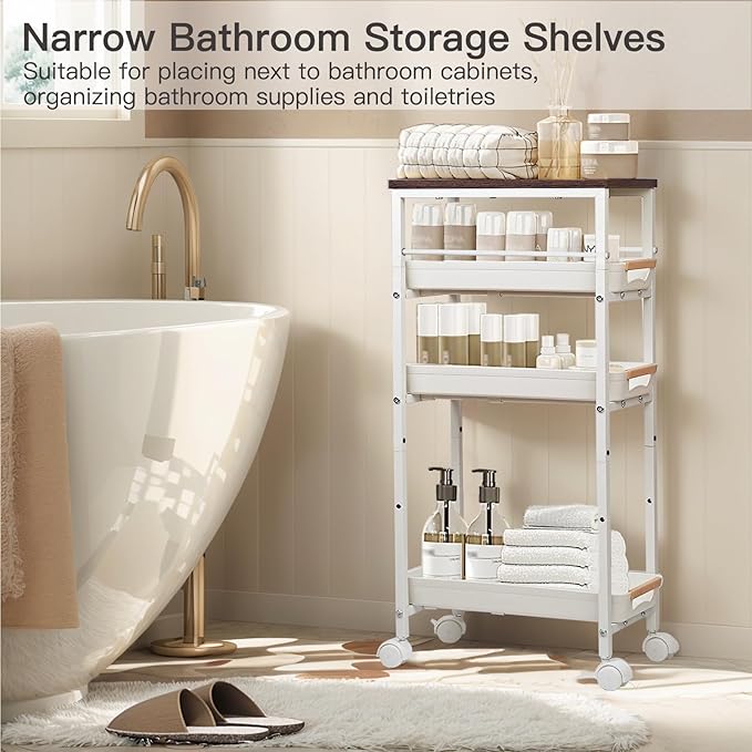 5 Tier Slim Storage Cart Metal Gap Filler with Wood Top White | Slim rolling cart fits 8" laundry gaps. Features a solid wood top for heavy detergents and breathable PP mesh drawers - Image 5