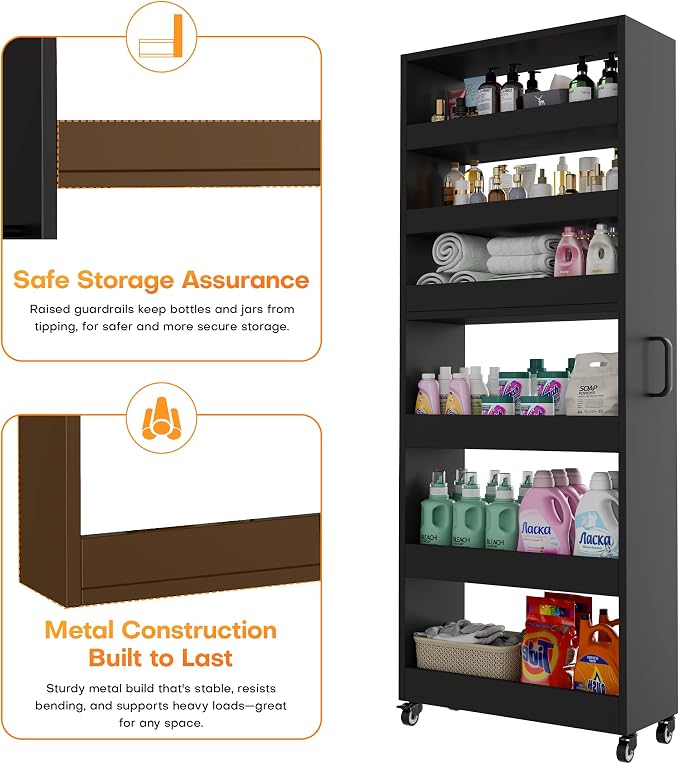 Slim Storage Cart, Lightweight 6 Tier Metal Rolling Utility Kitchen Cart on Wheels, Mobile Storage Shelving Unit Organizer for Bathroom Laundry Office Narrow Places (Black, 10" D) - Image 6