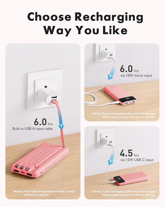 charmast Power Bank Portable Charger with Reinforced Built-in 4 Cables | 3A Fast Charging,10000mAh,6 Outputs 3 Inputs,Travel Essentials,TSA Compliant,LED Display,compatible with iPhone Samsung Moto - Image 4