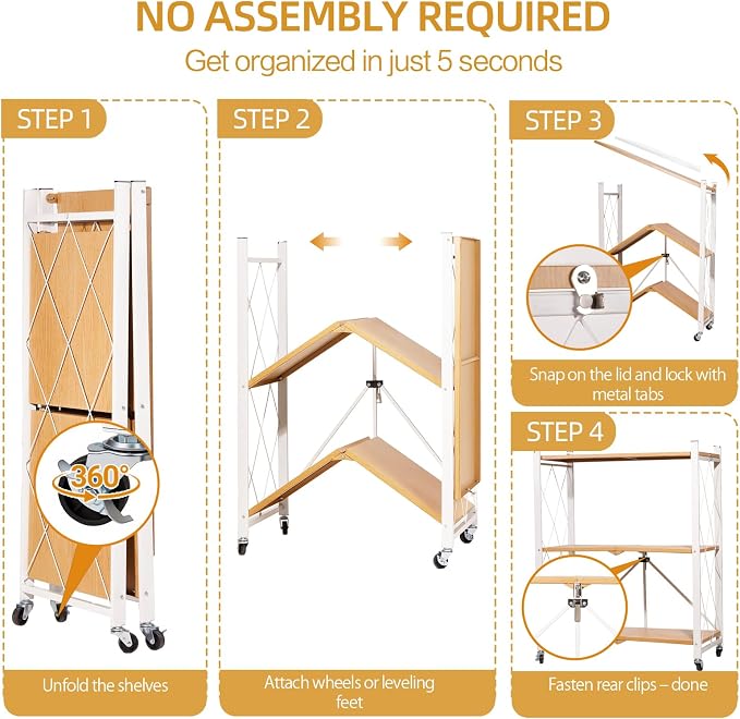 3-Tier Folding Storage Shelves with Wheels – No Assembly, Heavy Duty Collapsible Rolling Shelf Unit for Kitchen, Bedroom, Living Room - Image 4