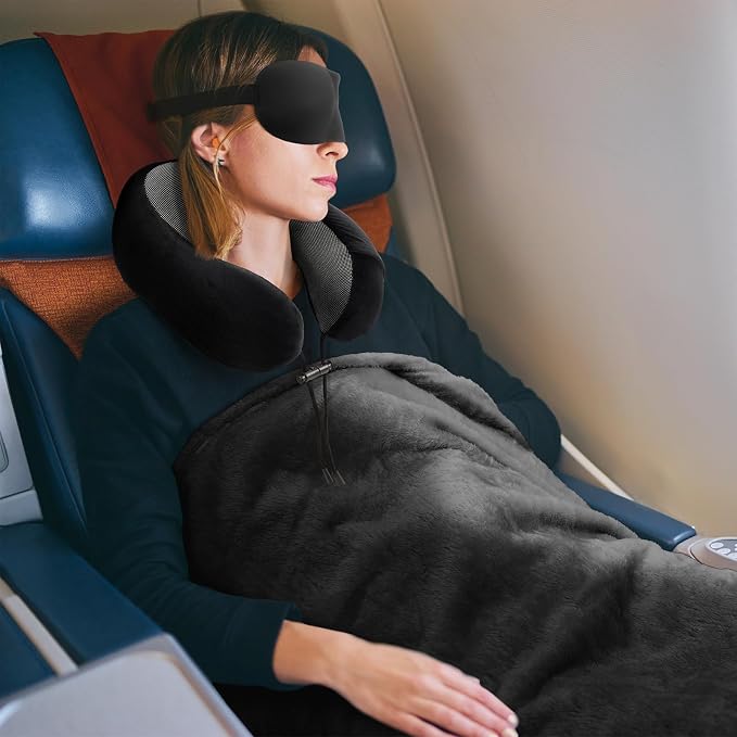 urnexttour Travel Pillow and Blanket Set Neck Pillow Airplane Foam Black | 43x60 Inch Plane Blanket, Traveling Compact Storage Bag, Eye Mask, and Earplugs for Ultimate Flight Comfort, Women and Men - Image 8