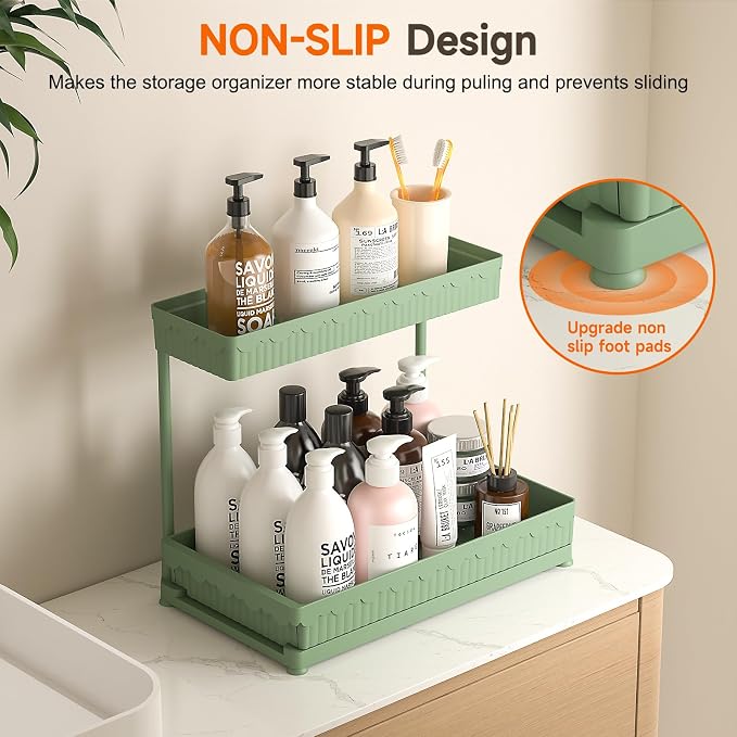 3-Pack 2-Tier L-Shaped Under Sink Organizers with Sliding Drawers | Multi-use kitchen & bathroom storage, 12.85 inch green cabinet organizer, space-saving sliding drawer design. - Image 4