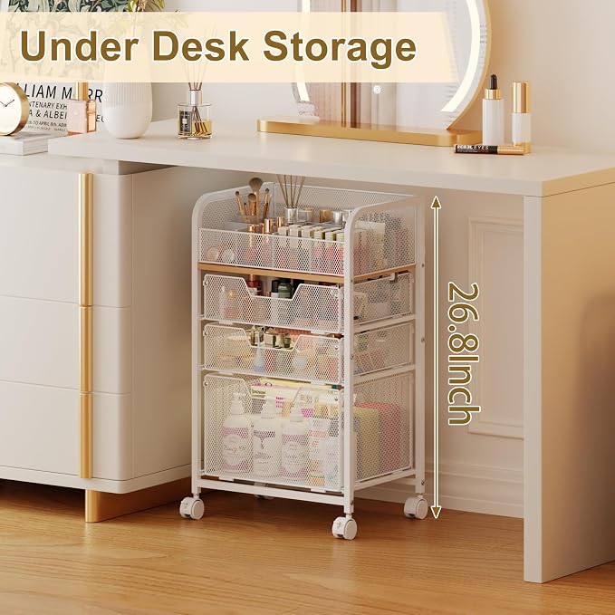 Jakyitvi Makeup Cart Organizer with 3 Drawers, Under Desk Storage Drawers,Floor Skincare & Makeup Organizer, Vanity Storage for Cosmetics, Nail Polish, Perfume, Makeup Brushes, Hair Tools, White - Image 2