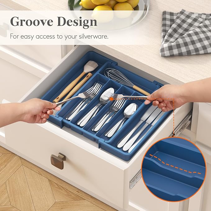 Lifewit Expandable Silverware Drawer Organizer, Kitchen Utensil Tray | BPA-free Plastic Flatware Cutlery Holder, Space-Saving Storage for Spoons Forks Knives, 8.5-14 x 12 x 1.5“, Dark Blue - Image 7