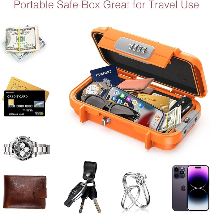 LOFICOPER Portable Safe Lock Box, Waterproof Anti-Theft Personal Security Case with 4 Digit Resettable Code, Removable Chain, Lightweight Beach Lock Box for Travel, Home, Office, Orange - Image 5