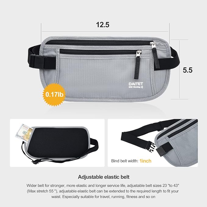 RFID Blocking Money Belt for Men Women, Slim Fanny Pack for Travel，Running,Conceal Waist Wallet for Passport Holder,Phone,Cash(Light Grey) - Image 4