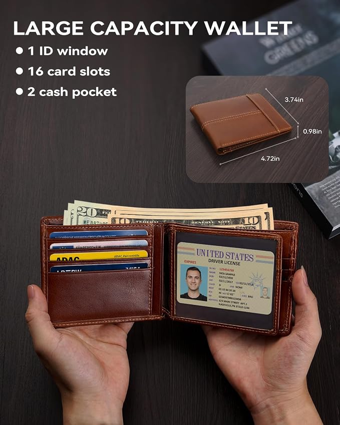 Swallowmall Mens Wallet Rfid Blocking Leather Wallet for Men Bifold Wallets with 1 ID Window 16 Card Slot Brick Red - Image 3
