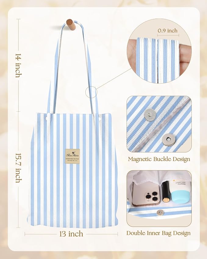 Miss Adola Corduroy Tote Bag for Women with Aesthetic Design | Magnetic Buckle & Pocket, Reusable, Soft, Roomy, Long Shoulder Handles, Double-sided Print, Casual Daily Work, Grocery Bags - Image 5