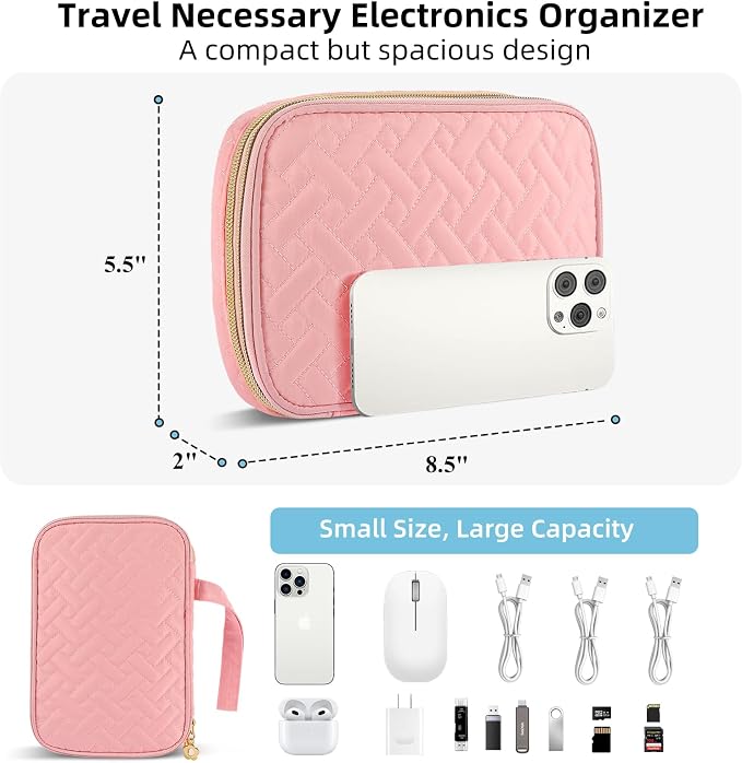 Electronics Organizer Travel Case, Charger Bag Cord Organizer Travel, Compact Tech Pouch Cable Organizer Bag for Charger, Cords, Phone, Headphones, Flash Drive, SD Card (Pink, Small-Double Layer) - Image 4