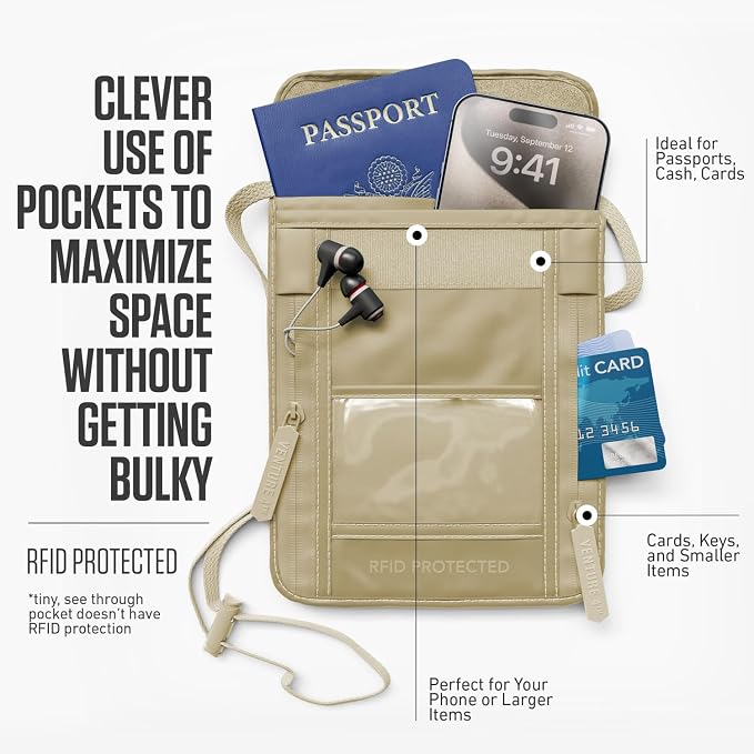 VENTURE 4TH Travel Neck Wallet, RFID Blocking Passport Holder - Sleek Beige - Image 2
