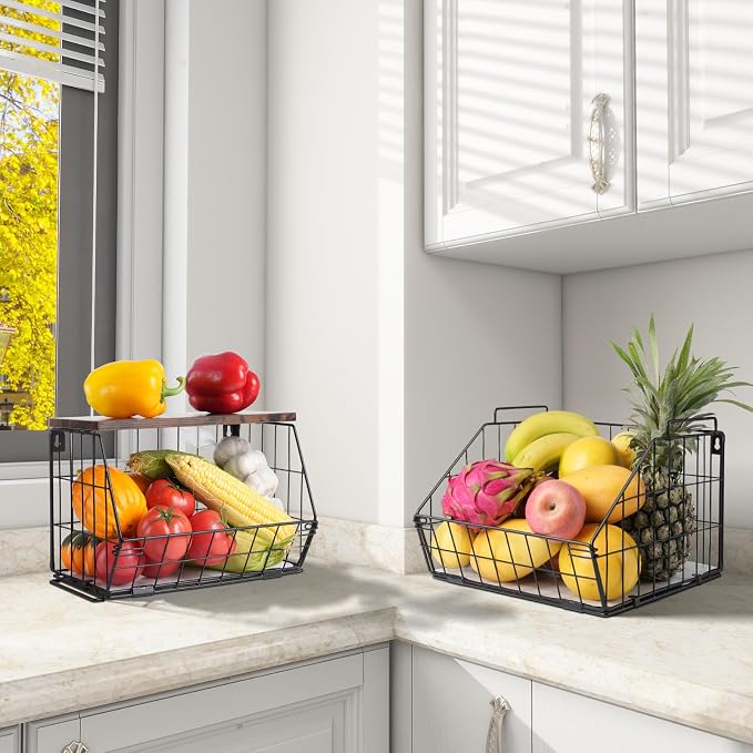 Wawocs 2 Tier Stackable Wall Mounted Hanging Basket, Fruit Basket for Kitchen Counter, Storage Bin with Wood Lid, Onion Storage, Fruit and Vegetable Storage, Countertop Organizer - Image 6