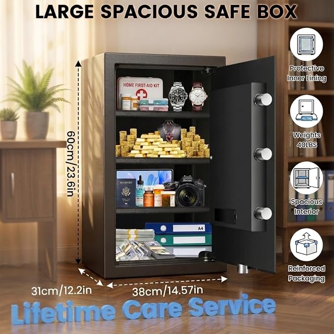 [23.6" Tall] Large Safe Box with Fireproof Bag for Home Use | LED Light, Digital Keypad, Spare Keys and 3 Removable Shelves, Wall/Floor Mountable Security Safes for Documents - Image 2