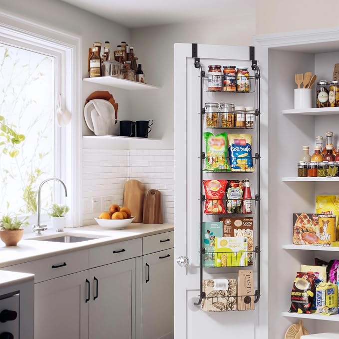 Delamu Narrow Over the Door Pantry Organizer, 6-Tier Metal Pantry Door Organization and Storage for Easy Install, Hanging Spice Rack Seasoning Shelves for Cabinet & Kitchen, D5 x W13 x H50 inch, Black - Image 6