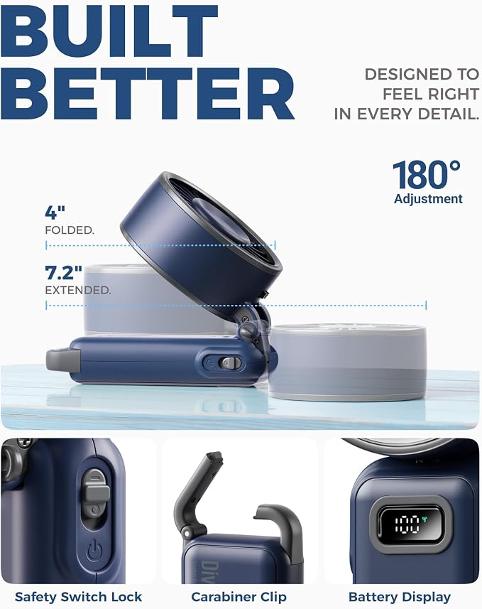 Diveblues Fanzy D6036 Portable Handheld Fan, Harbor Blue | 7.4m/s High Speed Turbo, 180° Foldable 4-in-1, Integrated Carabiner Clip, 100 Speed Stepless Control - Image 7