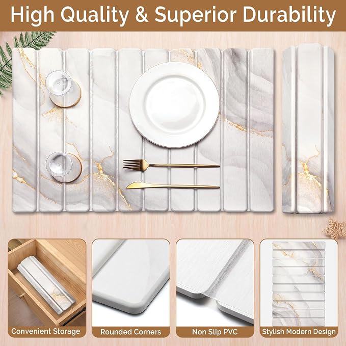 Large Stone Dish Drying Mat for Kitchen Counter,Quick Dry Stone Dishes Mats,Marbled Water Absorbing Diatomaceous Earth Drying Pad for Countertop Bottles Utensils Cups(Yellow White 24"x16"&8"x4") - Image 4