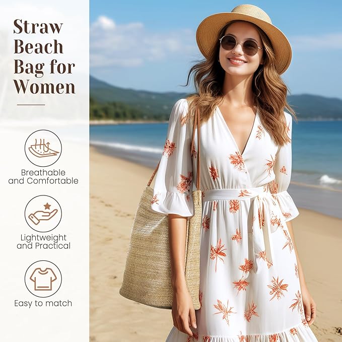 Tavaleu Straw Beach Bags for Women Tote Handbag Shoulder Hobo Bucket Bag | Lightweight, Foldable, PU Straps, Magnetic Closure, Zip Pocket, Reinforced Bottom, Summer Purse, Travel, Vacation, Daily Use - Image 3
