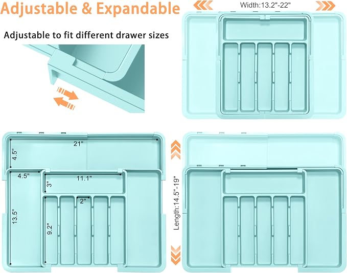 Silverware Organizer Expandable Kitchen Utensil Drawer Organizer Large BPA Free Adjustable Cutlery Silverware Tray for Spoons Forks Knives Storage Divider for Kitchen Flatware 6-9 Slots Turquoise - Image 2