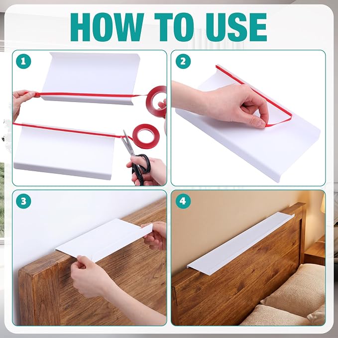 Hoteam 4 Pcs Headboard Shelf No-Screws Dorm Bed Shelf Self Adhesive White Dorm Headboard Storage with Acrylic Double Sided Tape Over Bed Organizer for Flat Top Headboards Home Bedroom Renter - Image 4