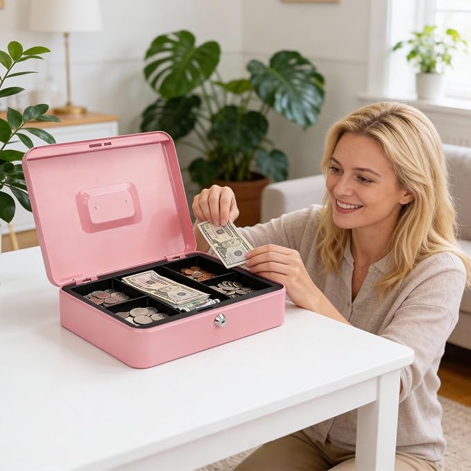 Jssmst Large Cash Box with Key Lock - Durable Metal Cash Box with Money Tray, 11.81 x 9.84 x 3.46 inches (X-Large, Pink) - Image 7