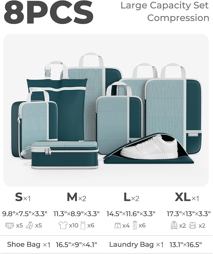 Percover Compression Packing Cubes for Travel, 8-Piece Structured Compression Organizer Set with Laundry Bag & Shoe Bag for Carry-On & Checked Luggage, Peacock Green - Image 2
