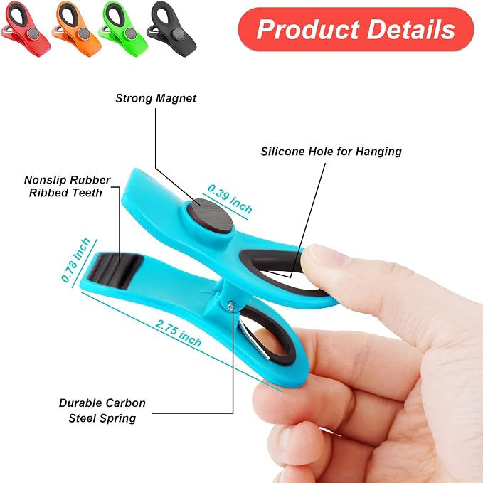 JETMORE 12 Pack Chip Clips Bag Clips, Magnetic Bag Clip for Food Storage | Heavy duty, plastic food clip for chips, snack, kitchen, refrigerator, garden, sewing, fabric, clothes pins - Image 8