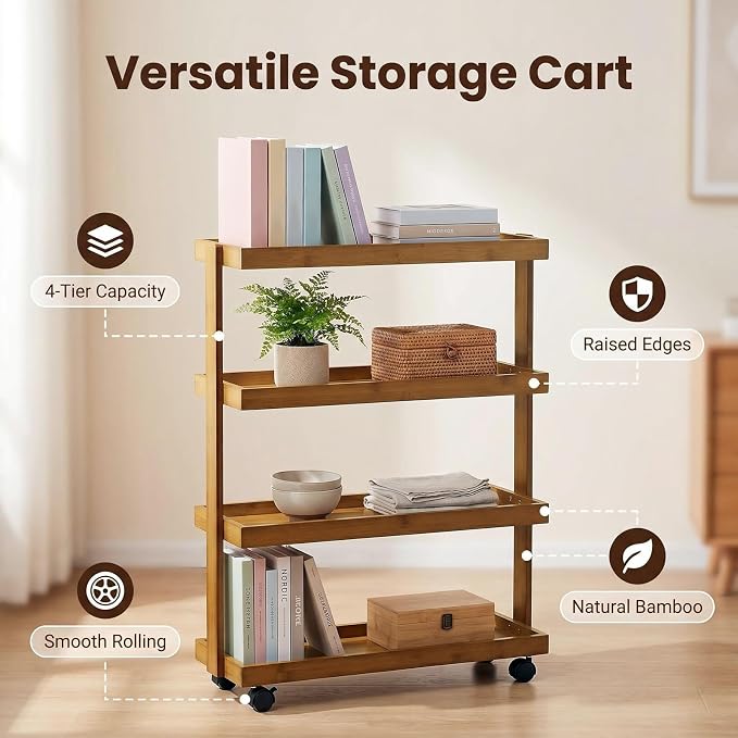 4-Tier Narrow Side Table with Wheels, Solid Wood Slim Rolling Storage Cart, Skinny End Table for Small Spaces, Moving Utility Shelf Organizer for Living Room, Bedroom, Kitchen, Bathroom - Image 3