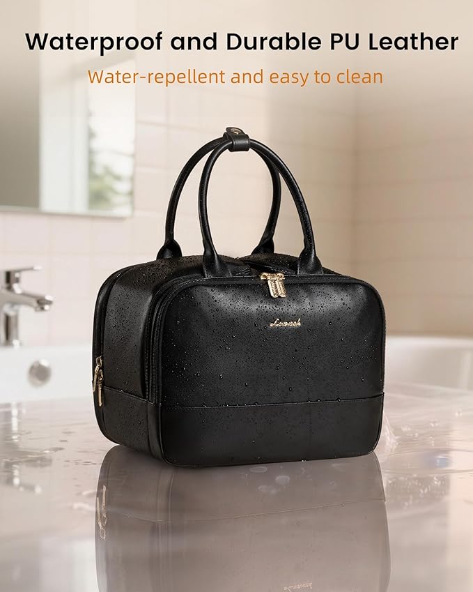 LOVEVOOK Travel Toiletry Bag for women, Leather Large Wide-open Makeup Bag, Waterproof Cosmetic Bag Organizer for Shower, Traveling, Toiletries, Bathroom - Image 5