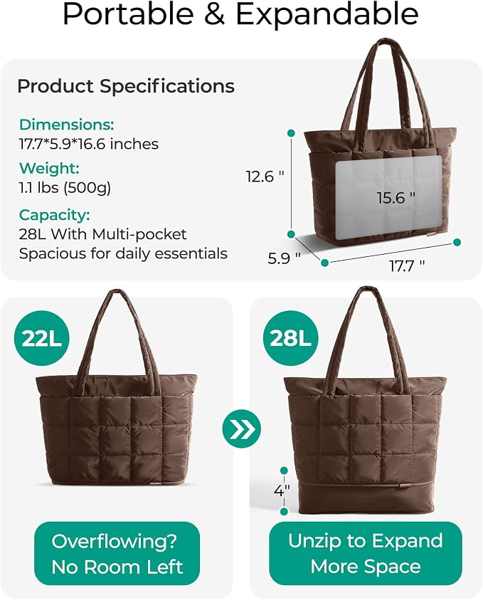 BAGSMART Expandable Tote Bag for Women, Puffer Work Tote Travel Bag | Quilted Carry On Bag for Travel Work Gym College, Waterproof Travel essentials - Image 3