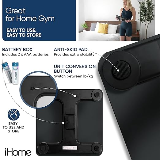 iHome Digital Scale, Bathroom Scale, Batteries Included, Scale Body Weight, Weight Scale, Bathroom Scales for Weight, Digital Scales for Body Weight (Black) - Image 5