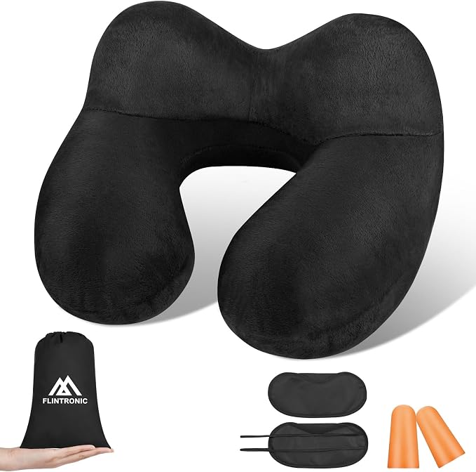 flintronic Inflatable Travel Pillow, Inflatable Travel Pillow for Airplane, Soft Velvet Neck Support, Lightweight Ergonomic Sleeping Neck Pillow for Airplane, Train, Car, Office -Black - Image 8