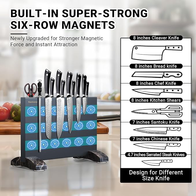 Black Magnetic Knife Block Stand Without Knives Black Double Sided Magnetic Knife Holder Rack for Kitchen Counter Stainless Steel Knife Magnetic Strip Display Stand Storage Organizer - Image 3